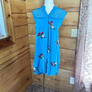 Tunic Dress Womens XL Turquoise Blue Embroidered Crochet Lace Boho Cottagecore